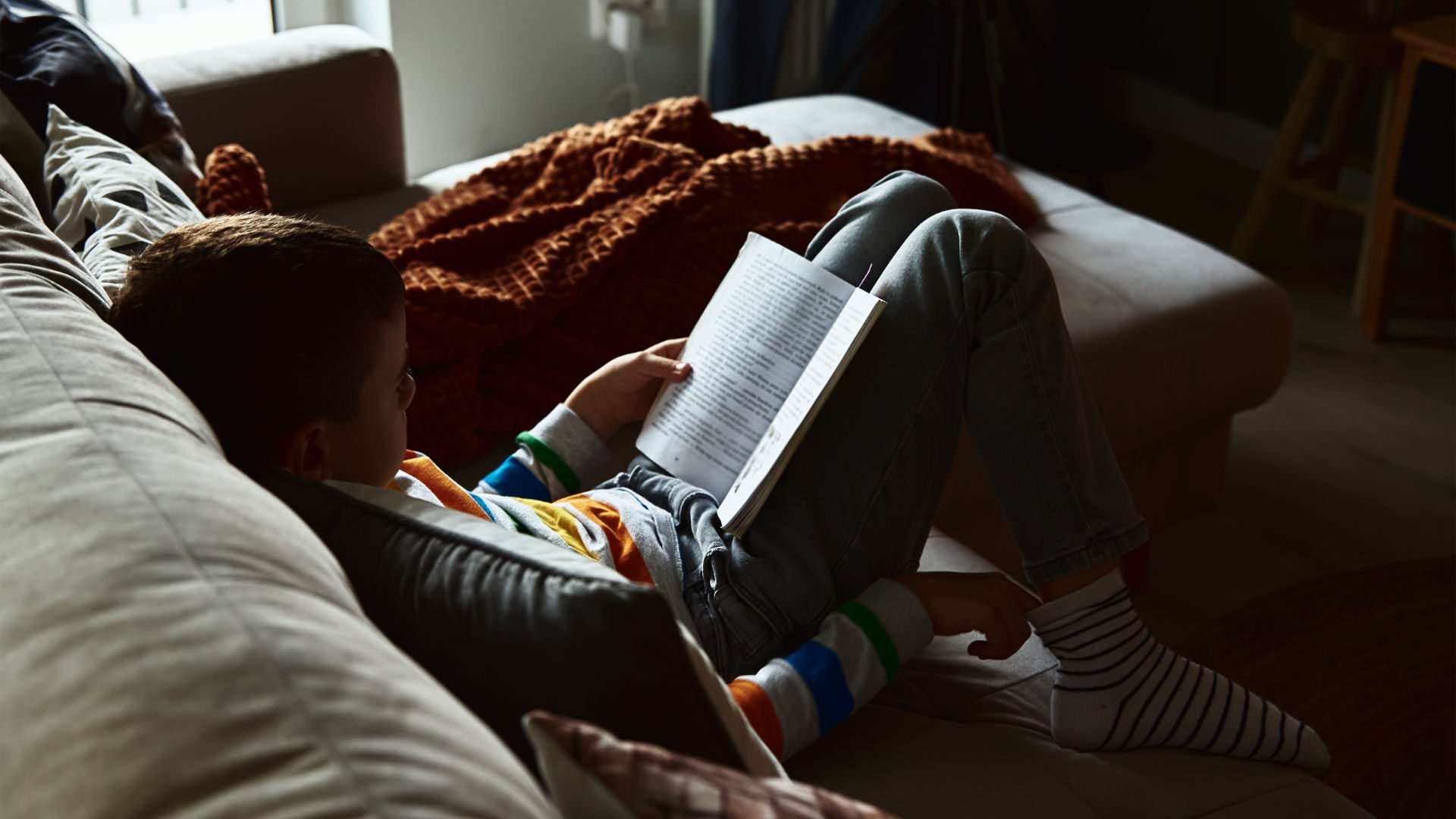 Child boy reading book on the sofa at home