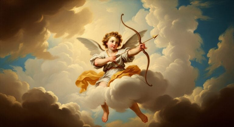 Cupid in the clouds with bow and arrow ready.