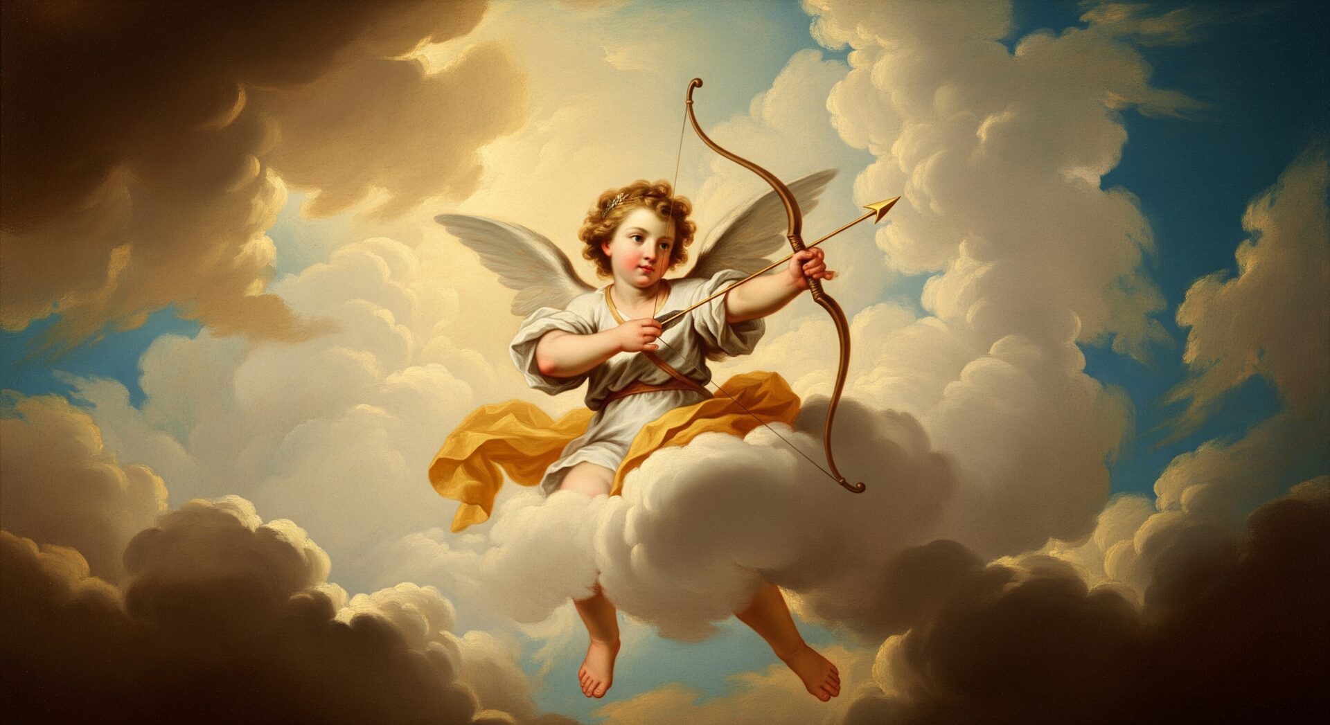 Cupid in the clouds with bow and arrow ready.